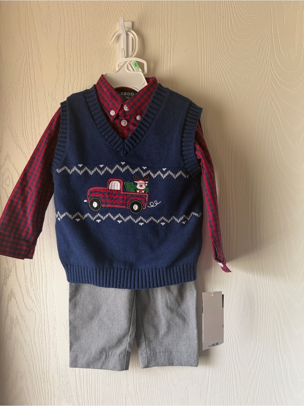 Izod Navy Blue Sweater Vest with Red Plaid Truck Shirt